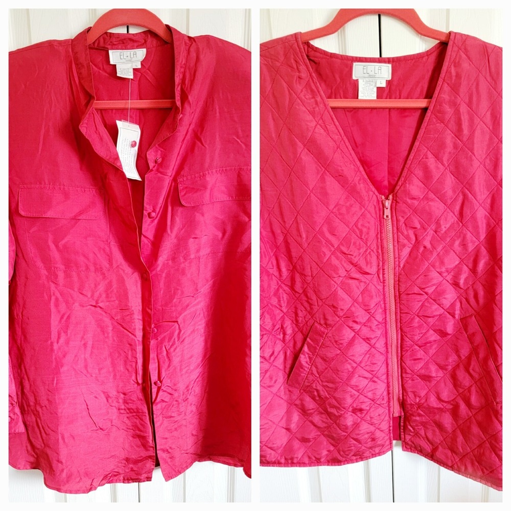 EL LA Designs L Shirt & Vest Two Pc Set Pure Silk Red‎ Quilted Vest Vintage NWT